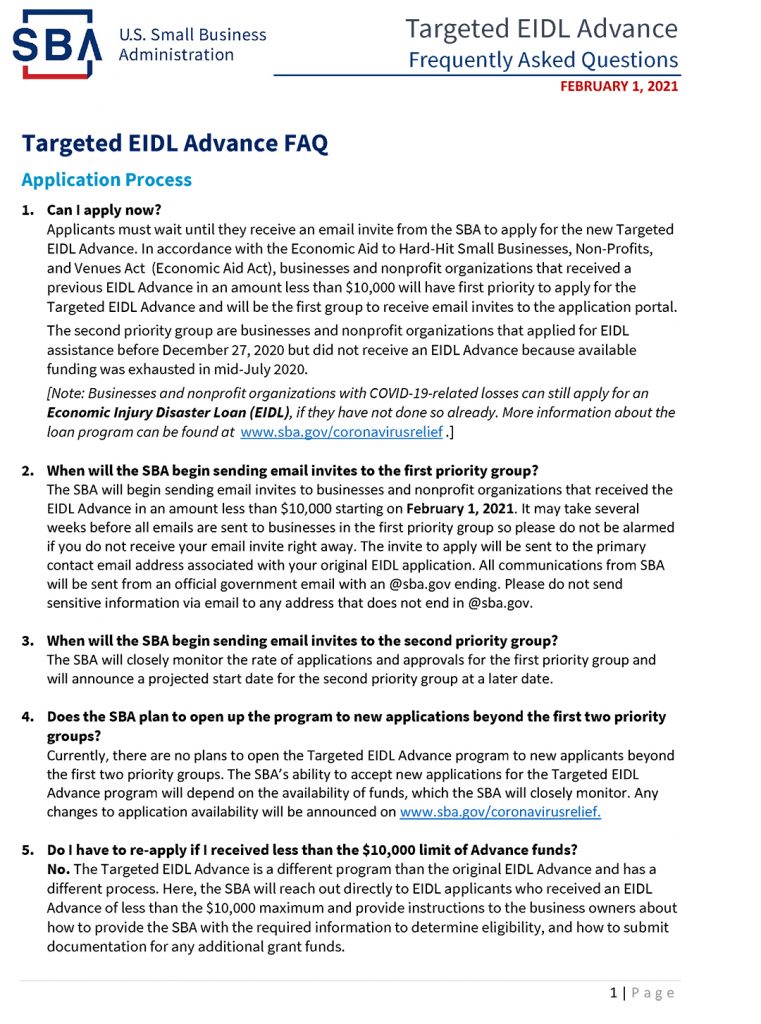 새로운 SBA 보조금 ‘Targeted EIDL Advance’ 시작 2 6 1. Targeted EIDL Advance FAQ