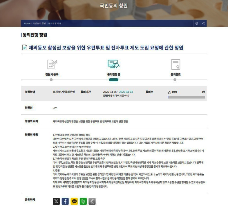 세계한인총연, '재외선거 우편·전자투표 도입' 국민청원 1 26 세계한인총연합회 재외선거 제도 개선 국민청원