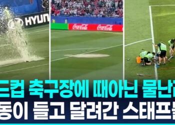 [영상] 월드컵 축구장에 ‘물벼락’…하프타임에 스프링클러 돌연 오작동